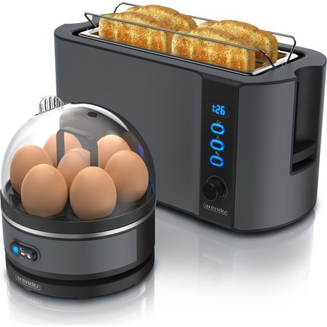 Arendo - SET Toaster FRUKOST mit Eierkocher SEVENCOOK Edelstahl Grau, Toaster 4 Scheiben, LED-Display, 6 Bräunungsgrade, Brötchenhalter - Eierkocher (1/5)