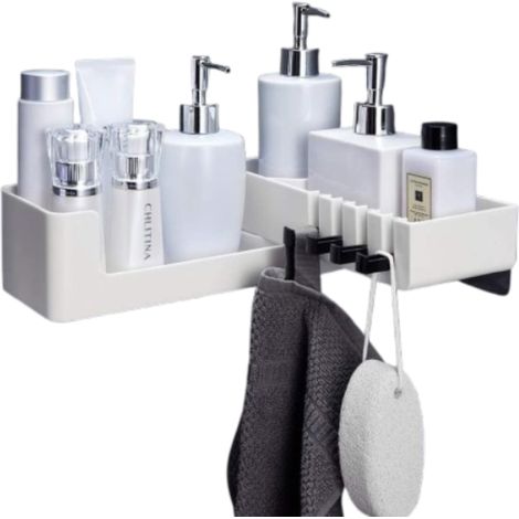 Panier de douche d'angle pivotant - Étagère de douche auto-adhésive à fixer sans perçage avec 4 crochets pour salle de bain et cuisine (1/5)