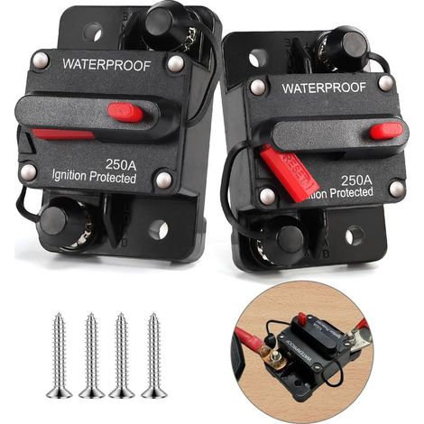 CYRILL –Lot de 2 disjoncteurs automatiques 250 A pour voiture, 12 V-48 V CC, 250 A, étanche, avec réinitialisation manuelle, pour voiture, camion, bateau, marine stéréo (1/4)