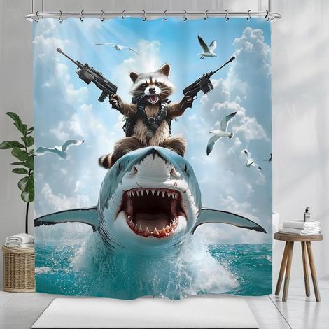 Rideau de douche bleu à motif requin raton laveur amusant 150 x 180 cm (12 crochets inclus) (1/5)