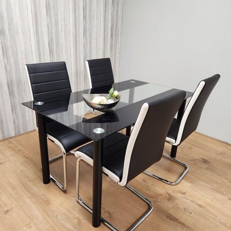 Dining Table and 4 Chairs Black Clear Glass 4 Leather Black White Chairs Dining Room Furniture (1/5)