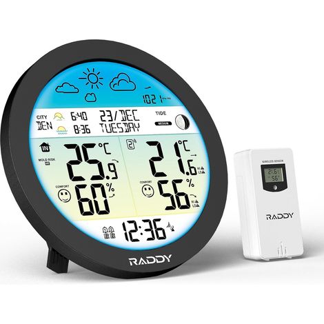 DT7 Station Météo Sans Fil – Thermomètre Connecté Capteur  Ecran HTN circulaire, horloge DCF, double alarme, barometre, previsions 12-24h, phases lune, alerte gel (1/5)