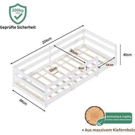 Lit de sol Montessori avec rail de protection – Lit plat sans sommier nécessaire, en bois de pin, assemblé rapidement (90x200 cm, blanc)