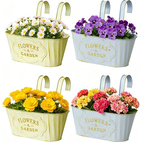 Lot de 4 pots de fleurs suspendus en métal - Grands pots de fleurs suspendus - Pour extérieur, balcon, clôture, balustrade, terrasse, résistant aux intempéries (beige + bleu) (1/5)