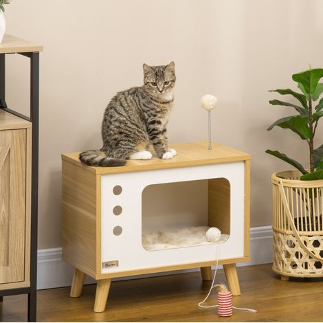 Cuccia per gatto design TV 50x28x43 cm in truciolare beige con cuscino – MEUBLIV (1/5)