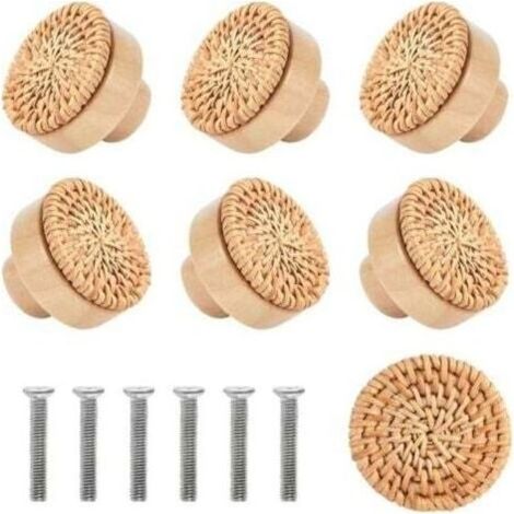 Lot de 6 poignées de meubles en rotin, 4 x 3 cm, style vintage, rondes, en bois, avec vis. Conviennent pour les armoires, les tiroirs, les meubles de salon et de cuisine. (1/4)
