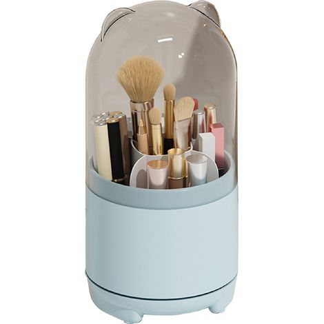 Boîte de rangement pour pinceaux de maquillage rotative à 360° avec couvercle transparent anti-poussière et grande capacité (bleue)