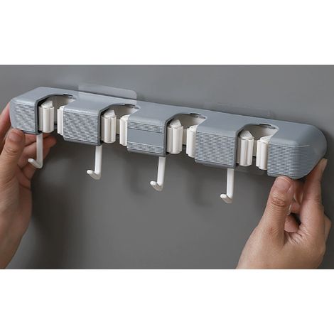 Wandmontierter Besenhalter, Gartengeräteständer mit 4 Halterungen und 5 Haken, Wandhalterung für Gartengeräte in Küche, Bad, Garten, Balkon, Haus und Garage