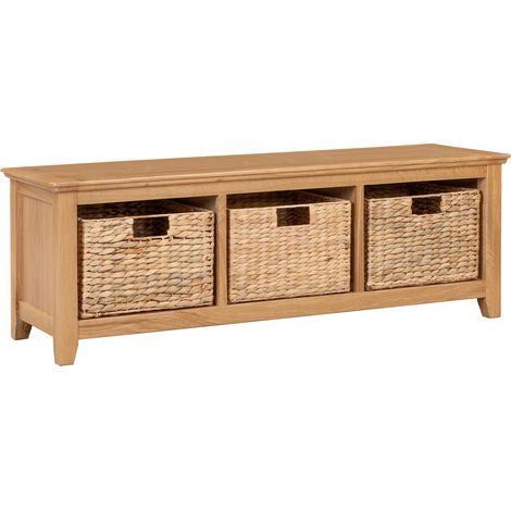 Hallowood Furniture Hereford Oak Storage Bench with Baskets, Solid Wooden Shoe Storage Cabinet with 3 Baskets and Seat, Ready to Use Entryway or Hallway Oak Furniture for Shoes, Bags & Accessories (1/5)