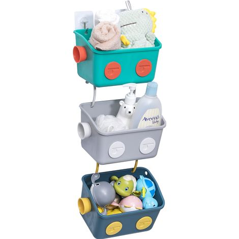 Panier de rangement pour jouets de bain, 3 niveaux, motif robot coloré, à suspendre au mur, avec crochets pour shampoing. (1/5)
