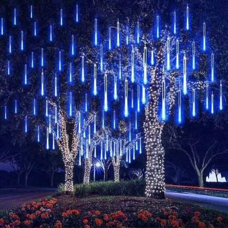 Guirlande lumineuse météore 8 tubes 30 cm, éclairage LED étanche pour mariage, maison, arbre de Noël, fête (Bleu).. (1/4)
