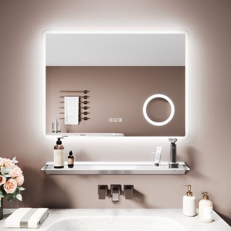 SIRHONA Miroir lumineux de salle de bain avec étagère éclairée - Miroir de Salle de Bain Intelligent avec Bluetooth Anti-Buée, 3 Tons de Lumière, Prise Intégrée, 80x60 cm