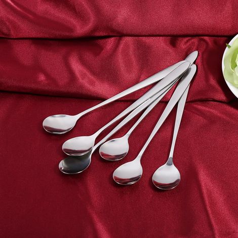 6-teiliges Set stilvoller Edelstahl-Löffel mit langem Griff für Latte Macchiato, Eiscreme, Eisbecher, Kaffee, Suppe und mehr (Teelöffel) – Neu (1/5)