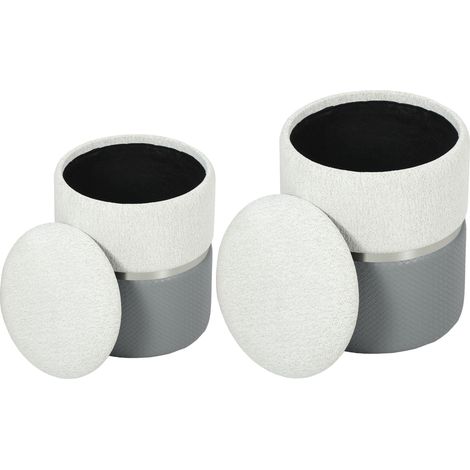 Lot de 2 poufs de rangement en chenille et polyuréthane, assise rembourrée, gris et crème, pour entrée ou chambre