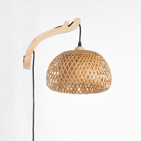 Applique murale E27 bois osier naturel double couche avec Câble , Ø28cm