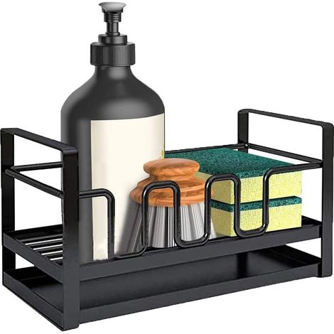 QAZQA Porte Eponge Evier Cuisine Organisateur, Rangement Evier Cuisine pour Brosse de Nettoyage, Porte-Savon, égouttoir avec Plateau de Drainage, Multifonction, Noir (1/5)