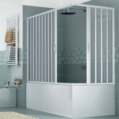 Box parete angolare in PVC per vasca h150 cm con apertura centrale a soffietto (1/3)