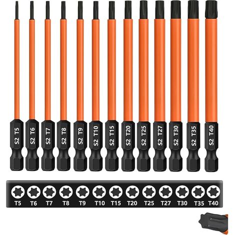 Set de 13 Embouts Long Torx, T5-T40 Embouts Tournevis Torx S2 Acier, Longueur 100 mm, Tige hexagonale de 1/4" Embout Visseuse Magnétiques Pour Perceuse-Visseuse (1/5)