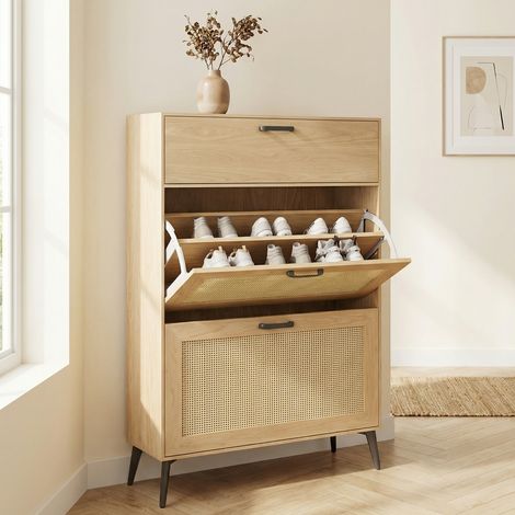 Scarpiera in legno effetto rattan 80x24x114 cm, armadio portascarpe extra sottile con 3 ante a ribalta e cassetto, facciata traspirante, stile bohémien moderno, rovere chiaro