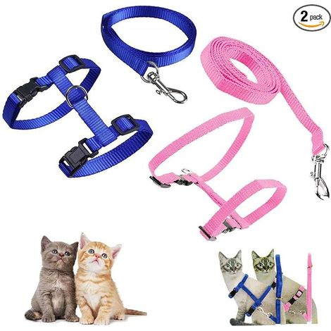 Adjustable Nylon Cat Harness, Kitten Collar, Soft Cat Harness with Leash for Kitten, Puppy, Rabbit (Blue and Pink) (1/3)