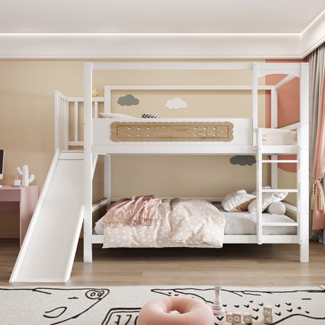 lit superposé enfant cabane 90x200 bois blanc toboggan HAVRYA (1/5)