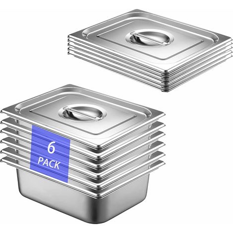 Lot de 6 Plat Inox avec Couvercle, GN 1/2 Bac avec Couvercle, 32,5 x 26,5 x 6,5 cm Bac Alimentaire Inox pour des Fours à Convection, des Chafing Dishes, des Réfrigérateurs (1/5)