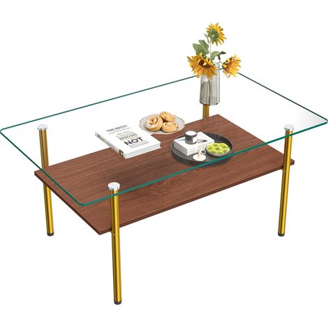 CHICFURN Table basse rectangulaire avec plateau en verre trempé et étagère MDF bois foncé, table de salon design avec structure en métal doré pour séjour élégant (1/5)