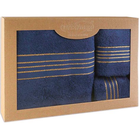 Toalla de algodón, juego de 3 toallas en una caja, 30x50, 50x90, 70x140, azul marino (1/5)