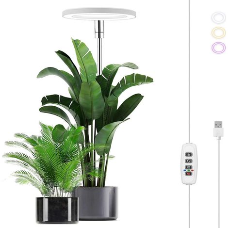 Lámpara LED para plantas con 3 modos de color y 10 niveles de brillo, regulable.