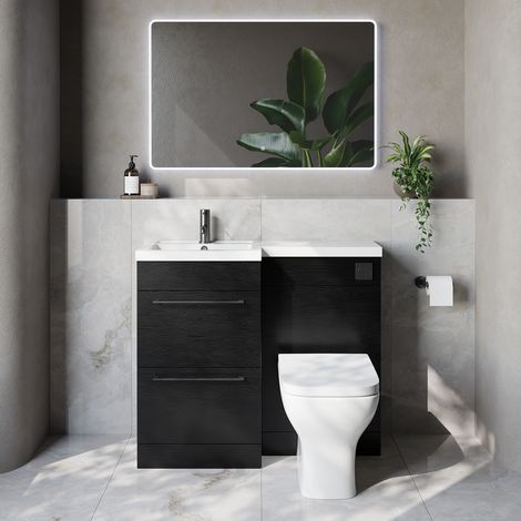 Napoli 390 Nero Oak 1000mm 2 Drawer Vanity Unit Toilet Suite with Left Hand Square Lucia Basin - 1000mm - Gunmetal Grey 320mm HandleWith Kingston Toilet Pan and Seat