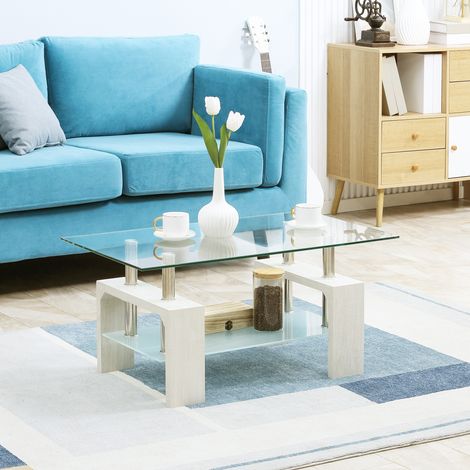 Moderner zweistöckiger Couchtisch mit Tischplatte aus gehärtetem Glas, Sofatisch aus Holz und Stahl, Wohnzimmertisch, 90 x 50 x 42 cm, Weiß