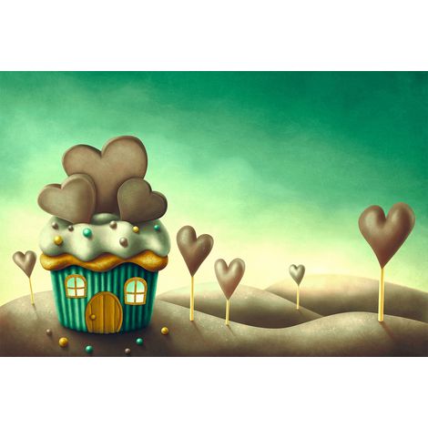 Papier peint panoramique vert & marron maison cupcake | Tapisserie panoramique chambre enfant bonbon | Papier peint panoramique idéal chambre fille - 267 x 400 cm (4 pièces) (1/2)