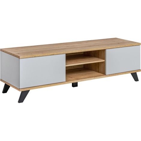 Meuble TV 2 Portes "Bogota" 160cm Gris & Naturel (1/5)
