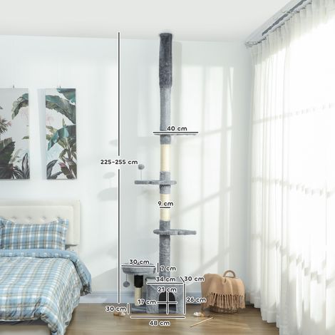 Katzenkratzbaum vom Boden bis zur Decke. Höhenverstellbarer Katzenkratzbaum (225–255 cm) mit mehreren Ebenen. Plüschbezug. Grau. (1/5)