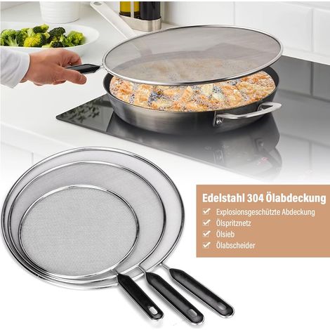 Set di 3 paraspruzzi in acciaio inox con manici e design in rilievo, misure 19 cm, 25 cm, 29 cm, per diverse padelle. (1/4)