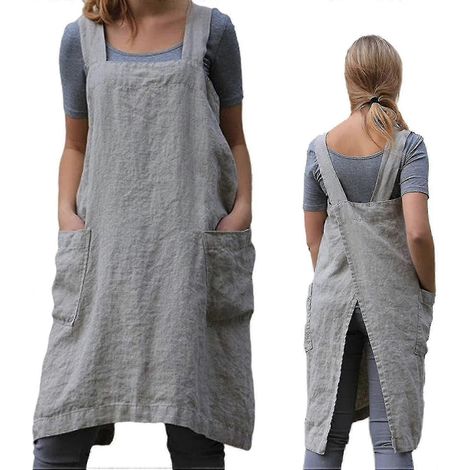 Tablier de jardinage pour femme, tablier croisé dans le dos avec poches, tablier japonais pour le travail, le jardinage, la cuisine, la peinture et la pâtisserie (1/4)