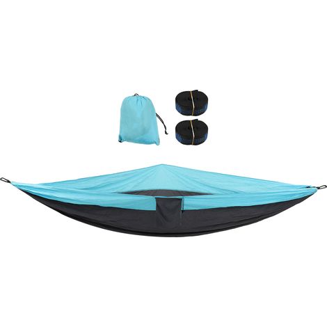 Balancelle hamac double 210T nylon, mousqueton boucle acier pour camping extérieur et intérieur, bleu ciel et gris foncé (1/5)