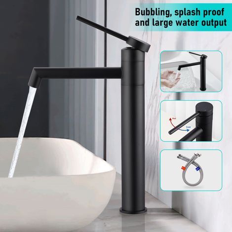 Robinet lavabo noir mat, mitigeur haut 21 cm, rotation 360°, idéal pour vasque à poser, design moderne salle de bain (1/5)