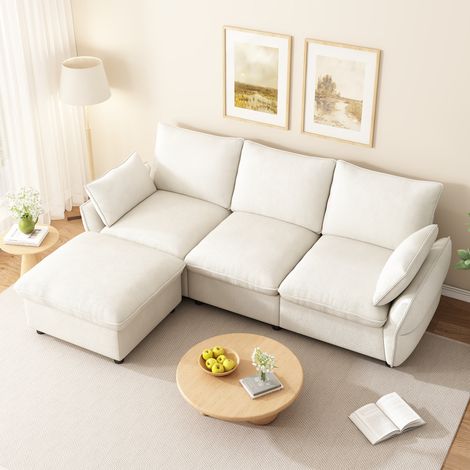 Canapé d'angle contemporain 3 places avec pouf ottoman, tissu en velours chenille, beige, meuble de salon compact pour appartement ou studio, dimensions 222,5 x 154,5 x 76,5 cm (1/5)