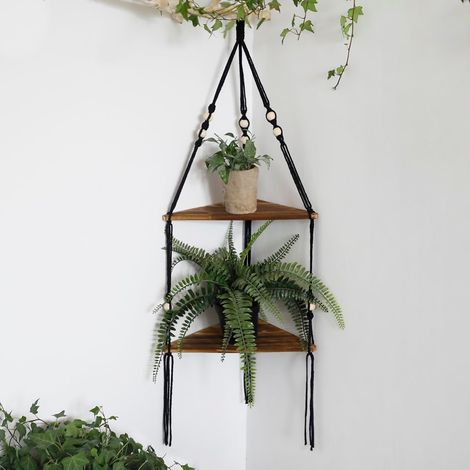 Étagère en coin mural - étagères flottantes en bois de 2 étages, style bohème rustique, corde de coton tissée à la main (1/5)