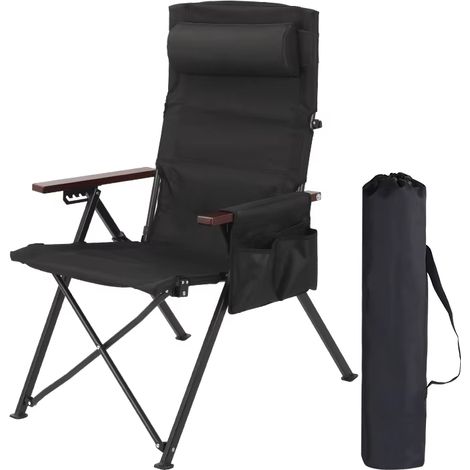 Lot 2 chaises camping pliables 5 positions avec oreiller et poche, chaise pêche réglable portable, idéale patio plage pique-nique, robuste et confortable noir (1/5)