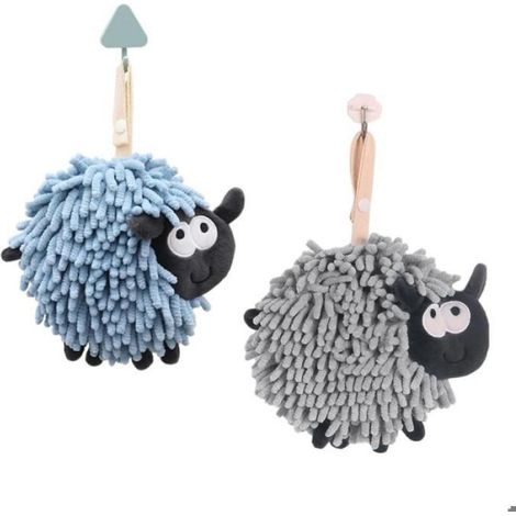 Lot de 2 serviettes main, forme mouton, chenille, absorption rapide, clip suspension, décoration salle de bain (1/5)