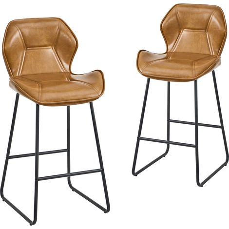 Set de 2 taburetes de bar de polipiel marrón con respaldo, estructura metálica y reposapiés (1/5)