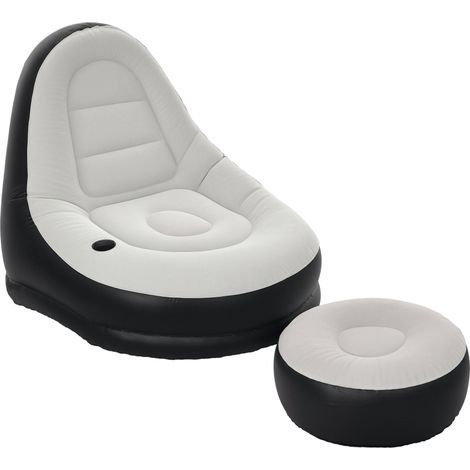 Canapé gonflable et repose-pieds, tissu aspect peluche doux et porte-gobelet, gris idéal pour salon, chambre à coucher ou bureau facile à assembler avec instructions incluses