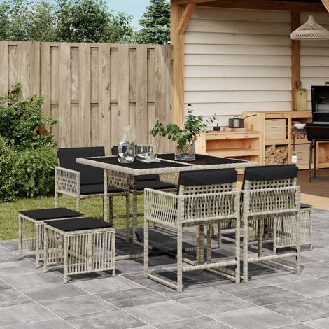 9-tlg. Garten-Essgruppe mit Kissen Hellgrau Poly Rattan vidaXL (1/5)