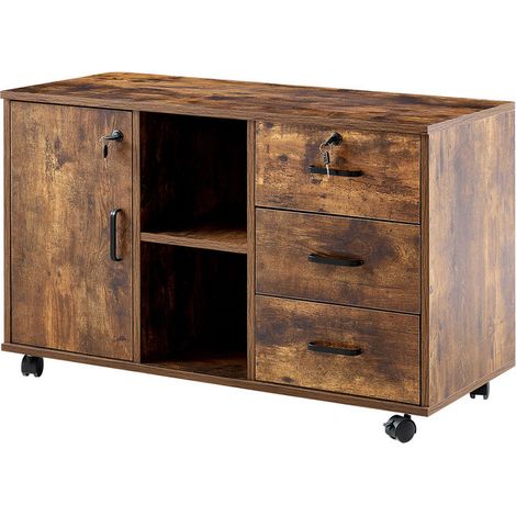 Clipop – Caisson verrouillable à 3 tiroirs – Meuble de rangement bureau 90x40x57 cm – Panneau MDF – Design industriel marron – Support imprimante A4 (1/5)