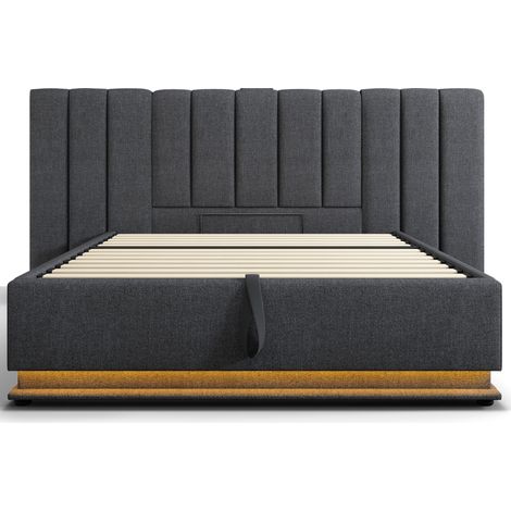 Letto contenitore 180x200 cm in lino grigio con LED controllabile tramite app, USB-C e rete (1/5)