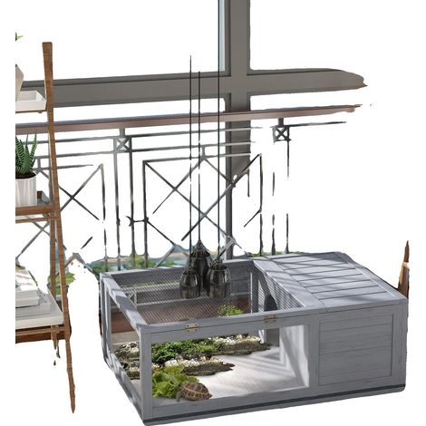 Caseta de madera para tortugas, 91 x 60,5 x 32 cm, Construcción en madera de abeto, Apta para tortugas y reptiles, Techo de malla ventilada, Paredes laterales transparentes (1/5)