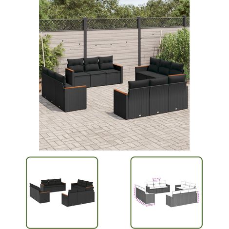 The Living Store 12-tlg. Garten-Sofagarnitur mit Kissen Schwarz Poly Rattan - Gartensofas - Outdoor Möbel - Gartenmöbelset - Rattan Gartenmöbel - Polyethylen Furniture (1/3)