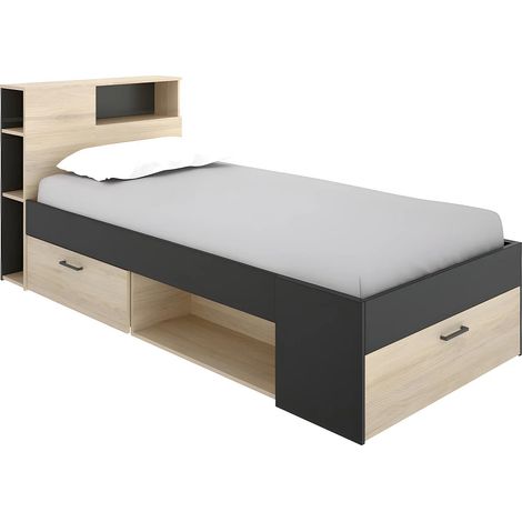 Lit avec tête de lit rangements et tiroir - 90 x 190 cm - Anthracite et naturel - LEANDRE